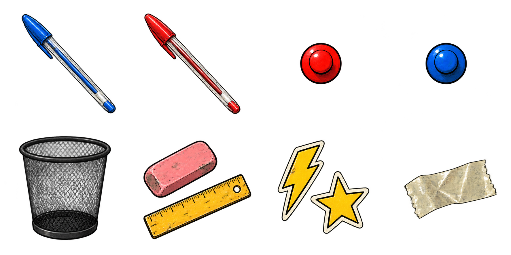 Muestra de papeles y elementos gráficos para el pack Rebel de PostisPop.
